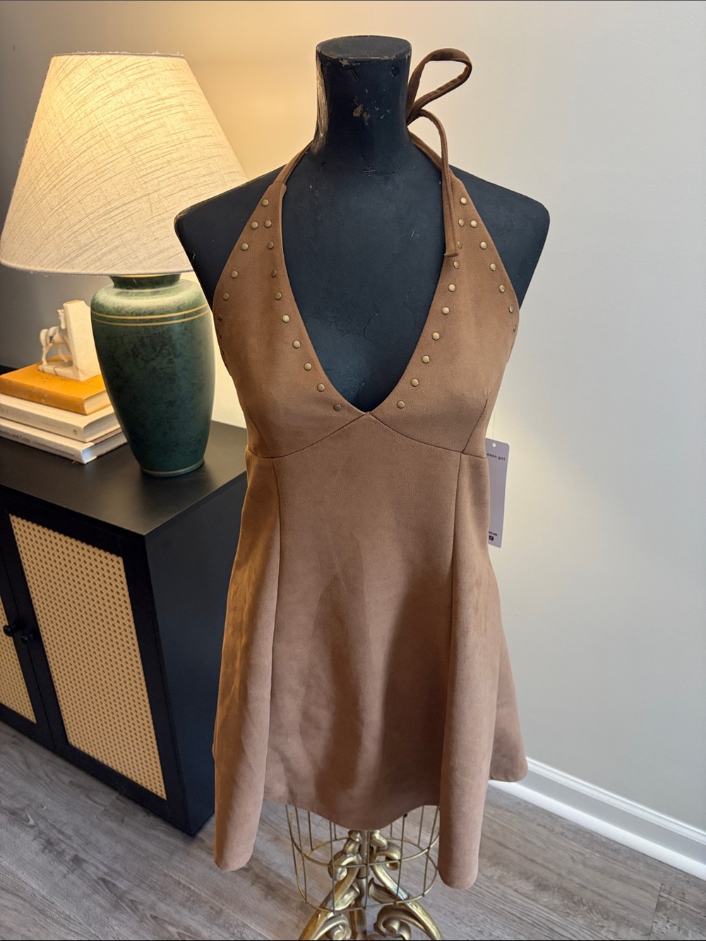 NWT Madden Girl Studded Faux Suede Cowgirl Festival Rodeo Halter Mini Dress L